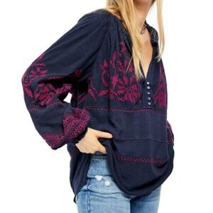 Free People Embroidered Navy and Red Women's Top
